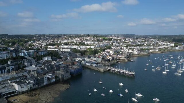 Falmouth, Cornwall, England: DRONE VIEWS: Falmouth town, St Mawes ferry quay and yachts moored on the River Fal. Falmouth is a port town and popular UK holiday destination (1).
