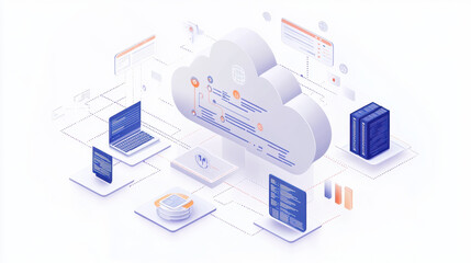 Obraz premium Cloud file integration and migration, Dynamic illustration of cloud API integration where a stylized cloud serves as the focal point, with animated data streams radiating to