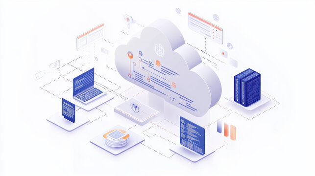 Cloud file integration and migration,  Dynamic illustration of cloud API integration where a stylized cloud serves as the focal point, with animated data streams radiating to