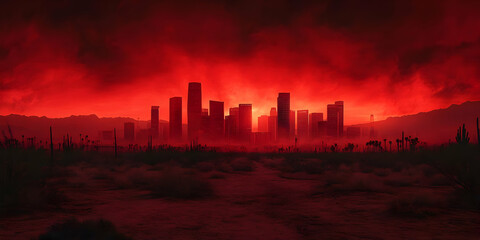 Fototapeta premium A Red Cityscape Silhouetted against an Apocalyptic Red Sky and Desert Landscape