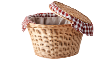 a wicker basket with a red and white checkered cover. 