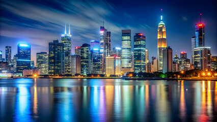 Fototapeta premium City skyline with bright lights and illuminated buildings at night, city, skyline, night, lights