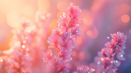 Delicate Pink Flower with Dewdrops Glistens in Soft, Warm Light