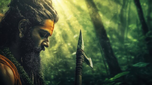 Vishnu as Parashurama, wielding an axe, ready for battle in a lush ancient forest, Parashurama, avatar, warrior mythology