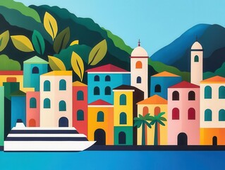 Fototapeta premium A vibrant coastal city with a cruise ship docked in a bright blue harbor, surrounded by colorful buildings and lush green hills, lively and radiant
