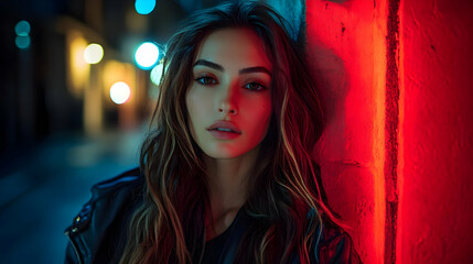 Fototapeta premium A woman with long brown hair looks at the camera, standing next to a red wall with lights in the background.