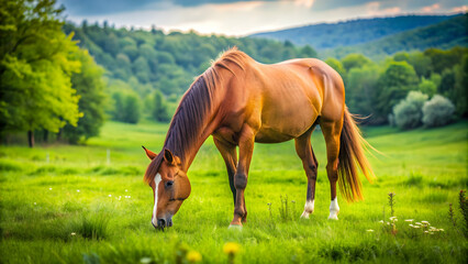 Fototapeta premium Close-up of a beautiful horse grazing on a lush green meadow, horse, grazing, green, meadow, close-up, animal, nature, wildlife