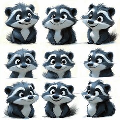 Fototapeta premium Cartoon Badger with Different Expressions in Various Poses. Generative ai