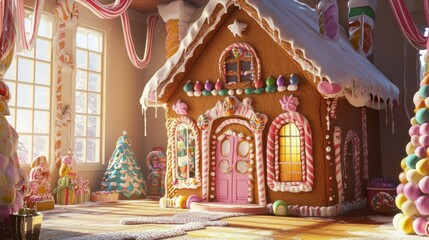 A Gingerbread House with Candy Decorations and Snowy Landscape