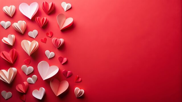 Scattering of paper hearts in shades of pink and white are creating a romantic border on a red background