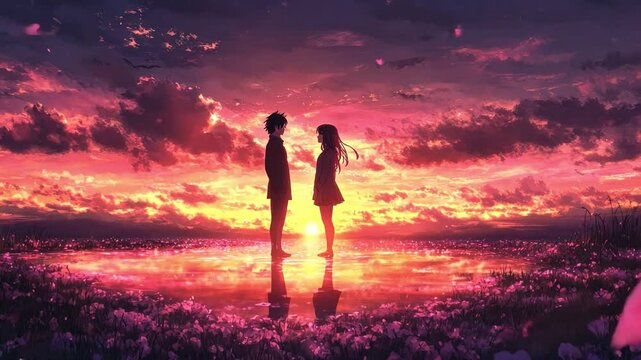 An emotional anime scene of two characters reuniting after a long journey, tears of joy in their eyes, set against a vibrant sunset with sakura petals floating in the air.