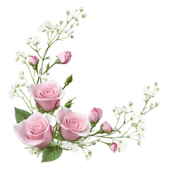 pink rose eustoma and gypsophila flowers in a corner floral arrangement on white or background