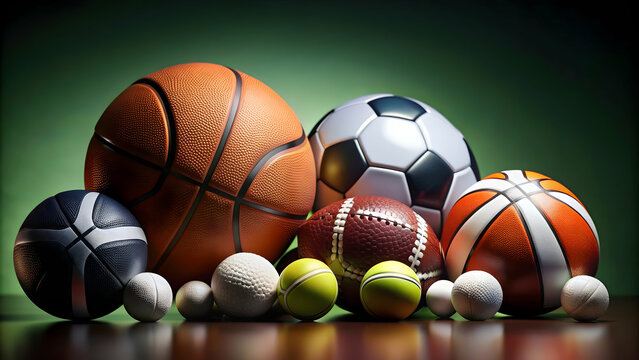 Dynamic composition of various sports balls displayed in an engaging way , sports, balls, soccer, basketball