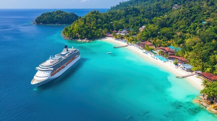 A cruise ship docked at a vibrant tropical island, surrounded by lush green trees, bright blue waters, and colorful beach houses, peaceful and lively