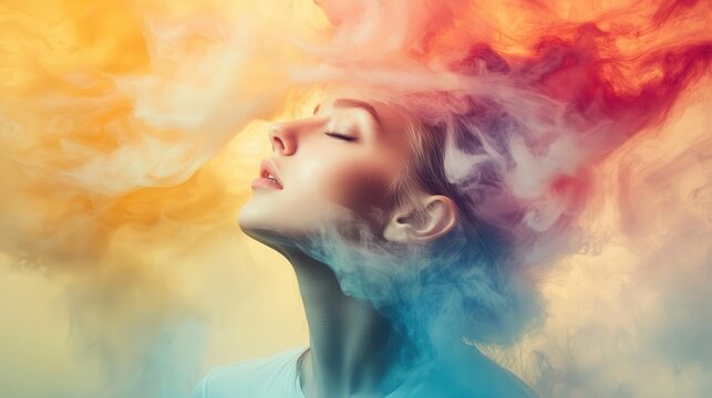 mental health awareness surreal portrait of a young woman with her head enveloped in a swirling colorful mist symbolizing the complexity of emotions and inner thoughts