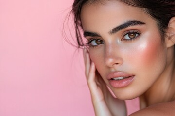 Naklejka premium Stunning Latina woman with radiant skin and soft makeup gently touches her cheek in this close-up portrait against a pink background. with generative ai