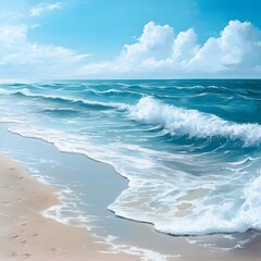 Fototapeta premium A peaceful beach scene with gentle waves and soft sand, creating a stress-free environment ideal for relaxation and rejuvenation.