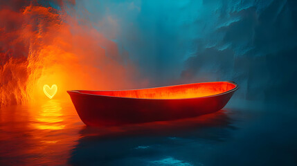 Fototapeta premium A Red Boat Rests in a Cave with a Glowing Heart Symbol