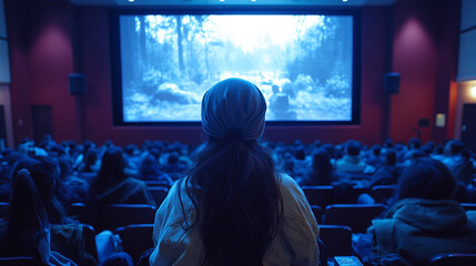 A captivated audience watches a mesmerizing film in a dimly lit cinema, highlighting the magic of the movie experience.