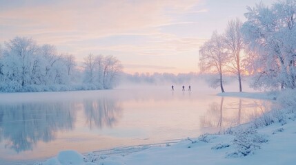 Fototapeta premium A vast frozen lake reflecting the pastel colors of a cold winter sunrise, with skaters in the distance and snow-covered trees on the shore.