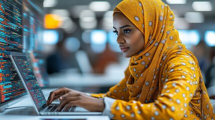 Fototapeta premium A focused woman in a hijab works on a laptop, surrounded by data visualization, showcasing the blend of culture and technology.