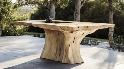 A contemporary table, on the outdoor patio, constructed of raw wood and varnished like a yacht.