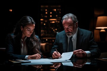 Fototapeta premium In a dark, elegant office, two business professionals discuss important documents under soft lighting, creating an atmosphere of serious and focused work collaboration.