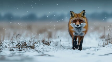 Fototapeta premium Minimalist Fox Walking Through Snowy Field