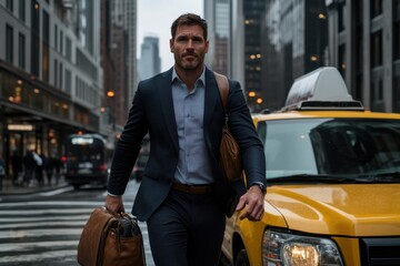A professional dressed in a suit walks briskly past a taxi in an urban environment. The city backdrop features tall buildings and lively streetscape.