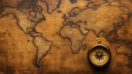 Na tle starożytnej mapy świata, pokrytej zż&oacute;łkniętymi brzegami i delikatnymi rysunkami, spoczywa elegancki kompas, kt&oacute;ry wydaje się opowiadać historię minionych podr&oacute;ży.