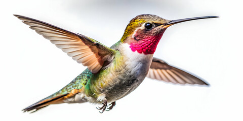 Fototapeta premium Beautiful hummingbird in flight on white background, hummingbird, flight, beautiful, colorful, wings, feather, nature, wildlife