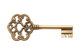 Obraz premium Ornate vintage gold key with an intricate design, featuring a detailed head and classic style. The key has a luxurious metallic finish. Isolated on transparent background, png.