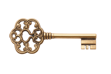 Ornate vintage gold key with an intricate design, featuring a detailed head and classic style. The key has a luxurious metallic finish. Isolated on transparent background, png.