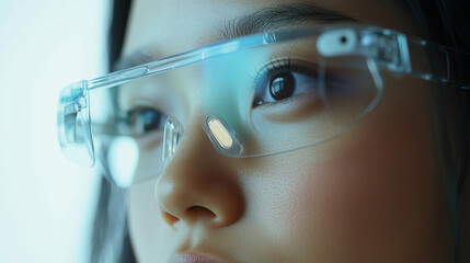 AI-powered real-time language translators embedded in smart glasses, enabling instant translation of spoken words in various languages. The scene showcases futuristic eyewear where advanced AI technol