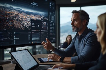 Two professionals are engaging in a discussion in a modern office, focusing on a large digital screen displaying diverse data metrics and city lights, suggesting high-tech business strategies.
