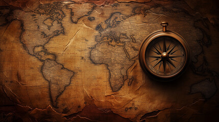 Na tle starożytnej mapy świata, pokrytej zż&oacute;łkniętymi brzegami i delikatnymi rysunkami, spoczywa elegancki kompas, kt&oacute;ry wydaje się opowiadać historię minionych podr&oacute;ży.