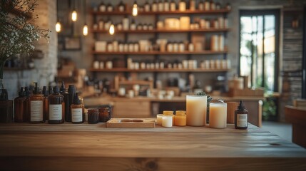 A cozy shop interior filled with candles and essential oils, showcasing eco-friendly products in rustic decor, empty mockup for product presentation