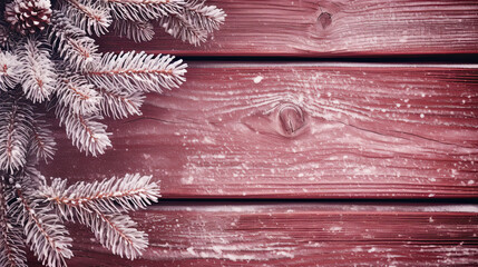 Snowy spruce branches on a light maroon wood background