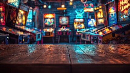 A vibrant arcade scene featuring colorful pinball machines with a wooden table in the foreground, creating a nostalgic atmosphere, empty mockup for product presentation
