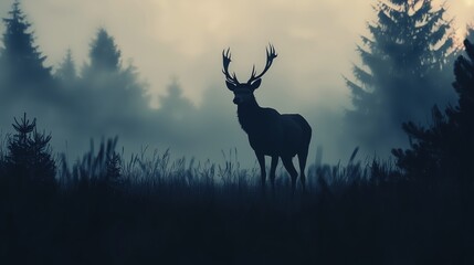 Fototapeta premium Minimalist Silhouette of Deer in Foggy Forest