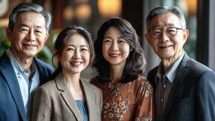 An Asian family business celebrating a milestone, with multiple generations gathered in a welcoming, traditional business setting.