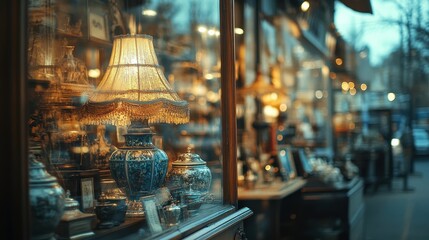 Obraz premium Charming antique shop window filled with vintage lamps, porcelain vases, and unique collectibles reflecting warm evening light.