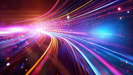 A vibrant abstract image with colorful streaks of light creating a sense of movement and depth, resembling a cosmic or digital landscape.