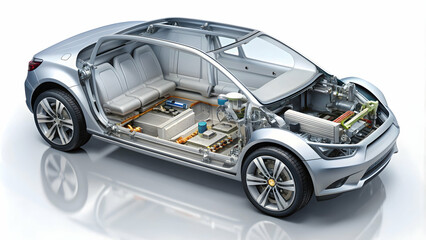 Detailed of an electric car's internal structure with shell showing battery and motor , electric car