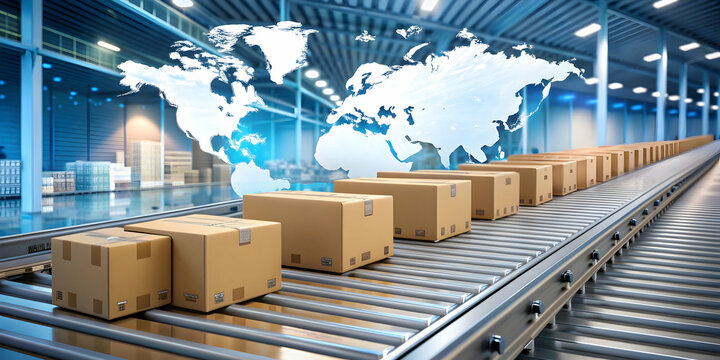 Conveyor belt with cardboard boxes and digital global shipping data overlay, logistics, transportation - Powered by Adobe