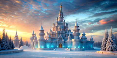 Magical ice palace in winter wonderland, ice, palace, magical, snow, winter, wonderland, cold, fantasy, architecture