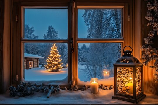 View through a romantic decorated window with lantern and candlelight to a romantically lit Christmas tree in the snow