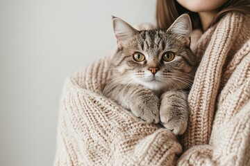Naklejka premium A cat and owner in matching outfits, on solid white background, single object
