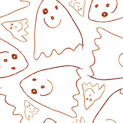 Funny Ghosts Drawn with Crayon. Seamless Pattern Cute Halloween Illustration.