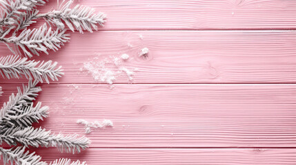 Fototapeta premium Snowy spruce branches on a light pink wood background